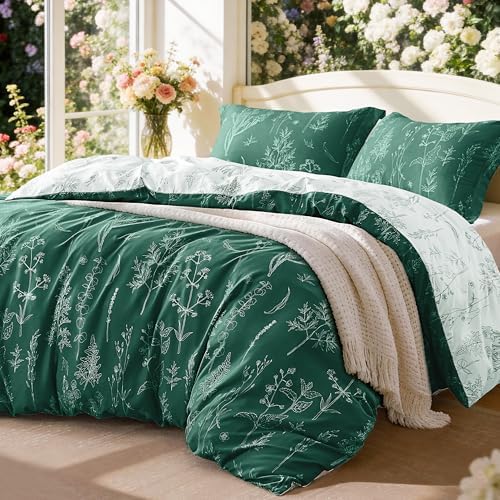 Love's cabin Floral Comforter Set Cute Bedding Full Reversible 3Pcs Green by Lovescabin