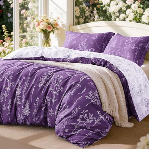 Love's cabin Floral Comforter Set Cute Bedding Twin Reversible Dark Purple by Lovescabin
