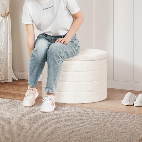 Large Round Folding Storage Ottoman, Cream Boucle Footstool - Image 2