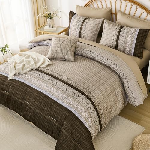 Dintszyayue Brown Comforter Set King Size, 8 Pieces Boho Striped Bed in a Bag - Image 3