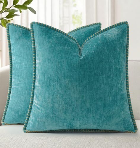 decorUhome Soft Chenille Throw Pillow Covers 26x26 Set of 2 Turquoise by decorUhome