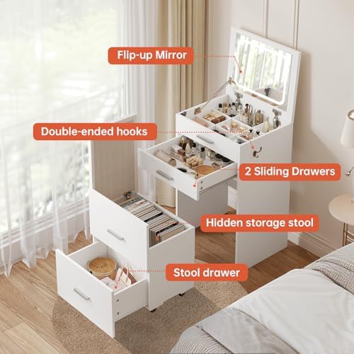 3 in 1 Vanity Desk with Flip Top Mirror, Compact Vanity - Image 7