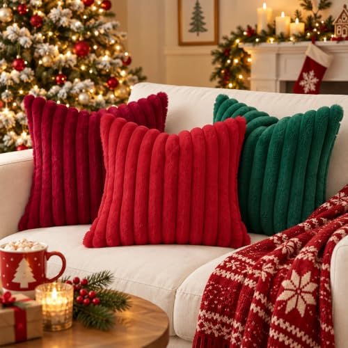 decorUhome Christmas Faux Fur Throw Pillow Covers 16x16 Set of 2 Red - Image 5
