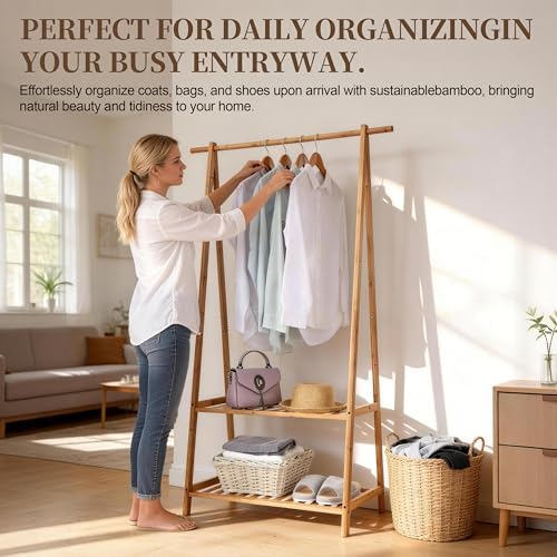 Finnhomy Bamboo Clothes Rack Portable Extra Large Garment Rack 2-Tire Storage - Image 4
