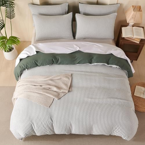 Green King Comforter Set Striped 100% Soft Washed Microfiber Jacquard 3 Pieces - Image 4