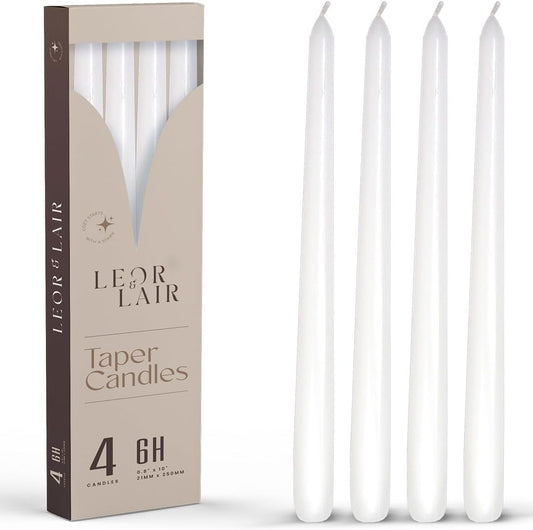 Leor & Lair White Taper Candles - 4 Pack 10" White Candlesticks - Unscented Long Burning Candle Sticks for Home Decoration, Holidays, Weddings, Religious, Restaurants & Business Events