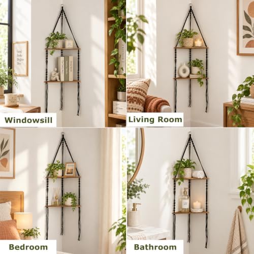Artilady Corner Shelf Macrame Wall Hanging Balck, Boho Wood Storage Decor - Image 5