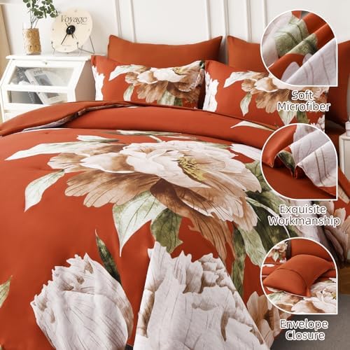 Burnt Orange Comforter Set King Size, 7 Piece Floral Bed in a Bag - Image 4