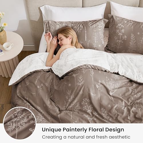 Love's cabin Floral Comforter Set Cute Bedding King Reversible Light Taupe - Image 3