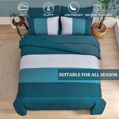 Teal Comforter Set Queen, 7 Piece Blue Striped Bedding Set - Image 3