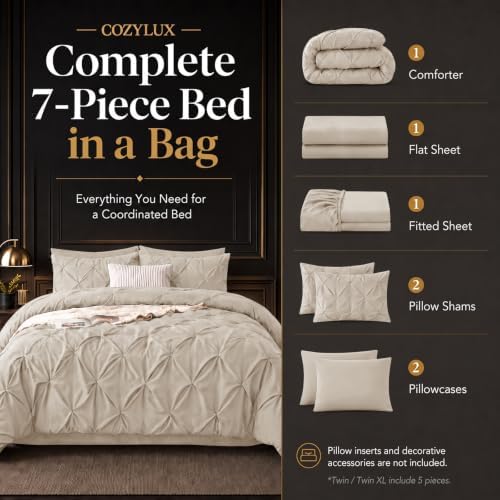 CozyLux Oversized King Comforter Set Beige, 7 Pieces Pintuck Bed in a Bag - Image 3