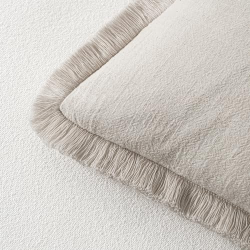 MIULEE Linen Fringe Decorative Throw Pillow Covers Natural Beige 20x20 - Image 3