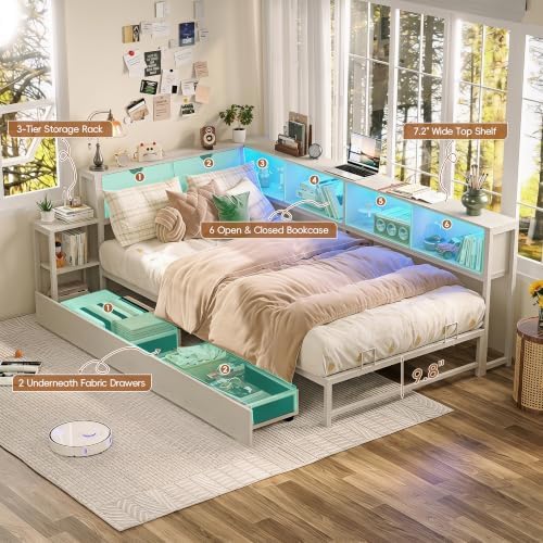 Twin Corner Bed Frame with Storage Bookcase and Bedside Rack - Image 6
