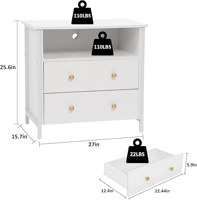 27 Inch Wide Night Stand, Large Wood Night Stand with 2 Drawers, LED Nightstand with Charging Station and Adjustable Drawer, Bedside Table for Living Room/Bedroom/Study/Office, White.