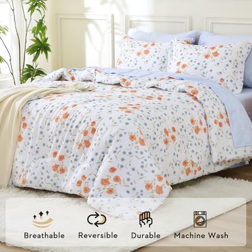MUXHOMO Queen Comforter Set, 7-Piece Floral Bed in a Bag, Warm Orange - Image 2