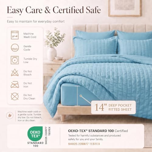 CozyLux King Size Comforter Set, 7 Pieces Sky Blue Seersucker Bed in a Bag - Image 5