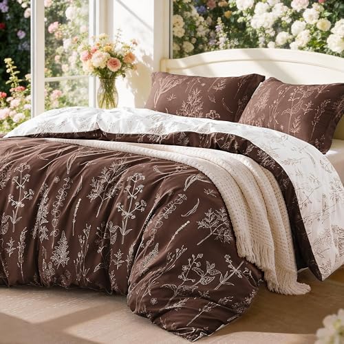 Love's cabin Floral Comforter Set Cute Bedding Twin Reversible Chocolate by Lovescabin