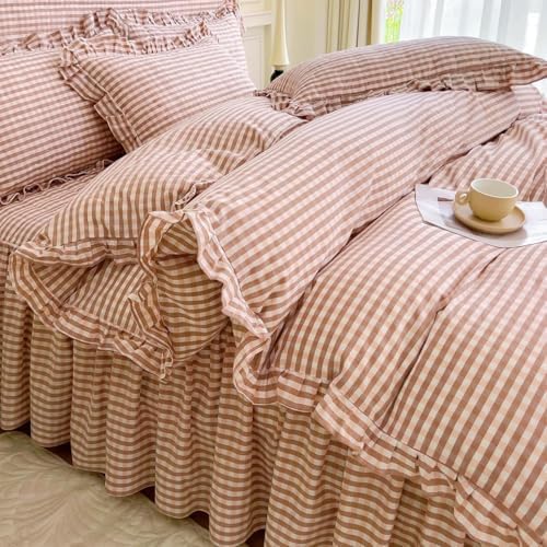 LifeTB Pink Gingham Comforter Set Full Ruffle Pink Plaid Comforter Set 3 Pieces - Image 6