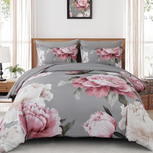 Pink and Grey Comforter Set Full Size 7 Piece Bed in a Bag, Floral Printed on by Dobuyly