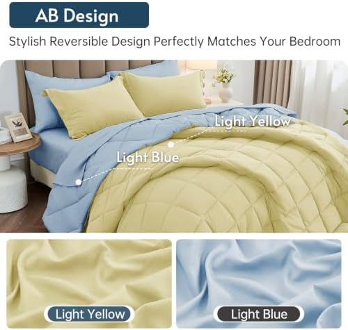 MUXHOMO Queen Comforter Set 7 Pieces, Light Yellow/Light Blue - Image 4
