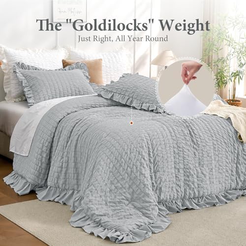 JOLLYVOGUE Light Grey Queen Comforter Set, 3 Pieces Seersucker Comforters Queen - Image 3