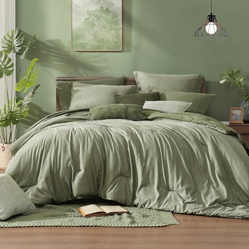 Monbix Oversized Queen Comforter Set Sage Green 7 Pieces Bed in a Bag by Monbix