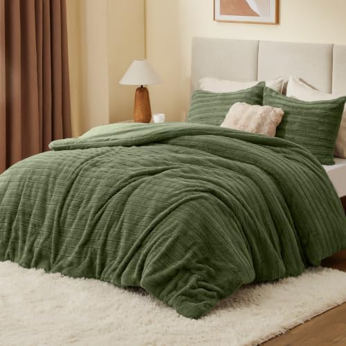 BEDELITE Faux Fur Queen Comforter Set, Fluffy Bed Set, Olive Green - Image 2