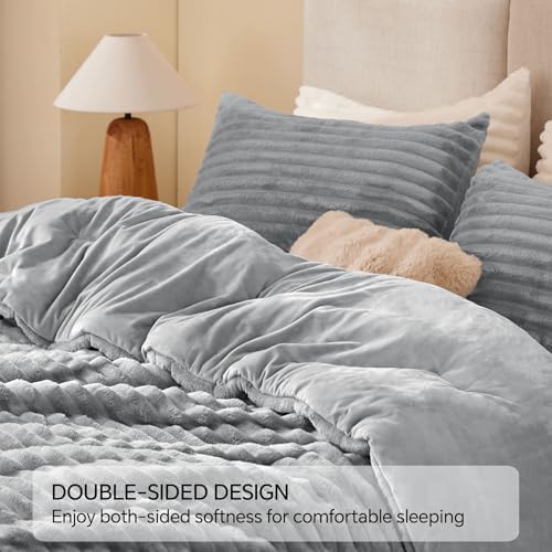 BEDELITE Fleece Full Comforter Set, Fluffy Bed Set, Light Grey - Image 5