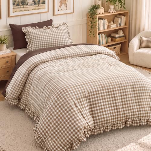 Bedsure Brown Gingham Ruffle Duvet Cover Set, Cotton-Like Quilt Cover by BEDSURE