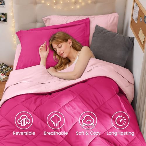 Twin XL Comforter Set 5 Pieces, Reversible Bed in a Bag, Hot Pink/Baby Pink - Image 6