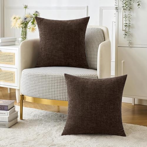 MIULEE Chenille Fall Euro Pillow Covers Chocolate Brown 22x22 Pack of 2 - Image 2