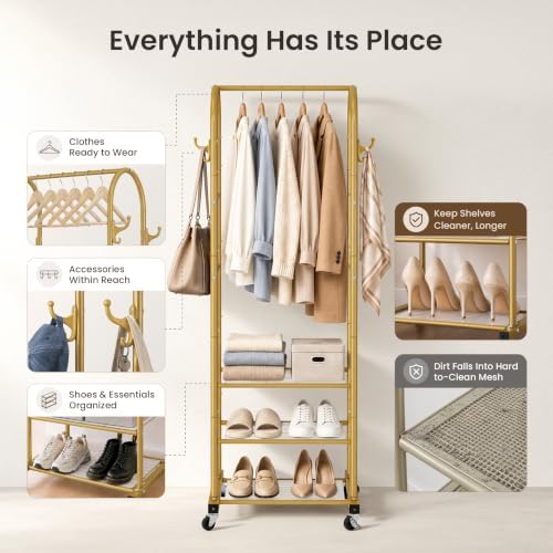 Cesun Small Clothes Rack with 3-Tier Mesh Shelves & 8 Hooks - Image 4