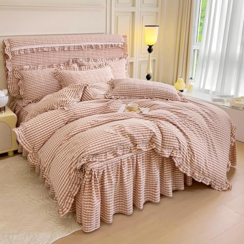 LifeTB Pink Gingham Comforter Set Full Ruffle Pink Plaid Comforter Set 3 Pieces - Image 7