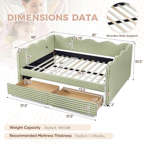 Full Size Daybed with Storage Drawers, Linen Gingham Daybed with USB Ports & - Image 2