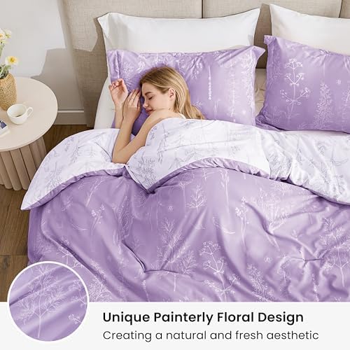 Love's cabin Floral Comforter Set Cute Bedding Queen Reversible Lavender - Image 2