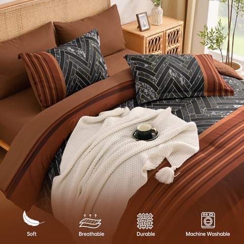 Burnt Orange Comforter Set Queen Size, 7 Pieces Striped Bed in a Bag - Image 4