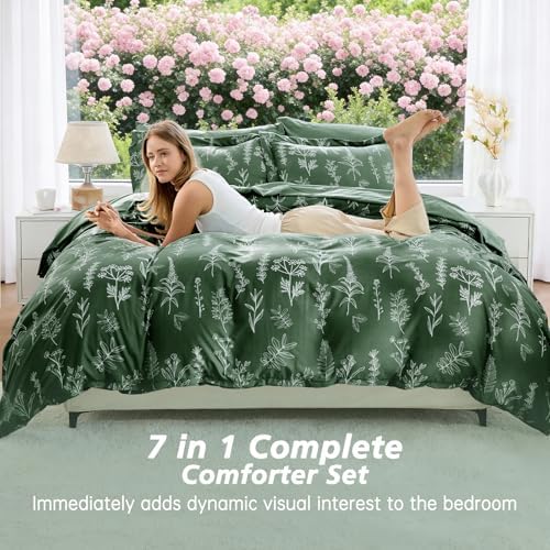 MUXHOMO Queen Comforter Set, 7-Piece Floral Bed in a Bag, Dark Green - Image 4