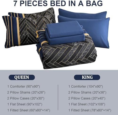 Blue and Yellow Comforter Set Queen Size, 7 Pieces Striped Bed in a Bag - Image 7