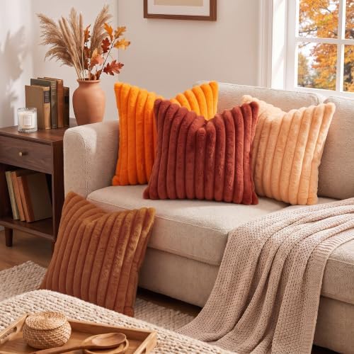 decorUhome Fall Faux Fur Throw Pillow Covers 26x26 Set of 2 Light Rust - Image 5