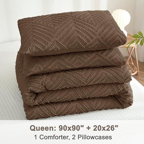 Litanika Queen Size Comforter Set, 3 Pieces Brown Tufted Boho Bedding Set - Image 6