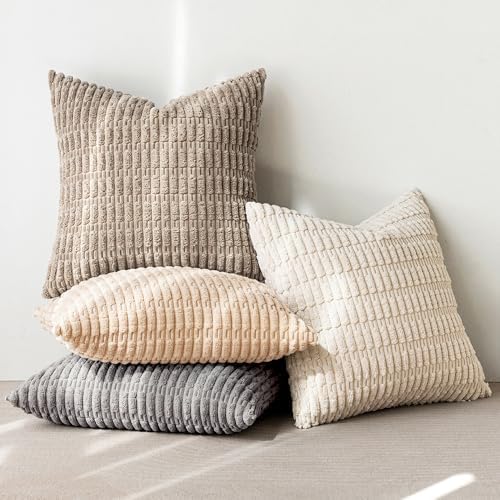 MIULEE Pack of 4 Corduroy Throw Pillow Covers 18x18 Inch Beige and Brown - Image 2