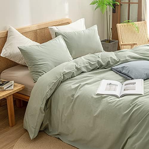 BESTOUCH Cotton Solid Duvet Cover Set Linen Feel Sage Green California King - Image 2