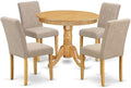 East West Furniture ANAB5-OAK-04 5 Piece Dining Table Set for 4 Includes a Round Kitchen Table with Pedestal and 4 Light Tan Linen Fabric Parson Dining Chairs, 36x36 Inch, Oak