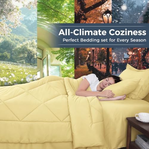 HEVUMYI 7-Piece Queen Comforter Set, Cream Yellow Bed in a Bag - Image 3