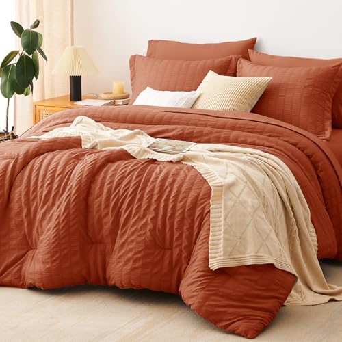 CozyLux Queen Comforter Set, 7 Pieces Burnt Orange Seersucker Bed in a Bag by CozyLux