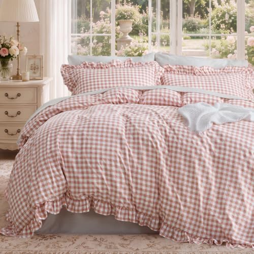 Bedsure Gingham Ruffle Duvet Cover Set, Queen Cotton-Like Quilt Cover by BEDSURE