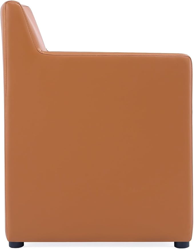 Manhattan Comfort Anna Square Modern Dining Chair with Arms, Head-to-Toe Faux Leather Upholstered Accent Armchair with Plastic Foot Padding, Set of 1, Saddle