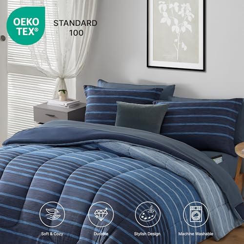 Monbix Oversized Queen Comforter Set-7 Pieces Navy Blue Striped Bedding Set - Image 4
