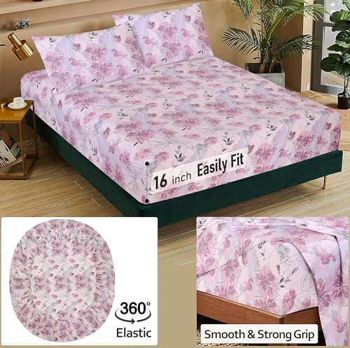 RUVANTI 100% Cotton Split King Sheets, Percale Sheet Set, Lilac Floral - Image 5