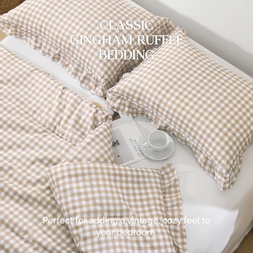 Andency Tan Gingham Ruffle Comforter King, 3 Pieces Vintage Bedding - Image 5